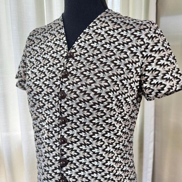 Vintage 70s top/tunic, black, white, brown abstract op-art pattern, mini dress - Picture 3 of 10